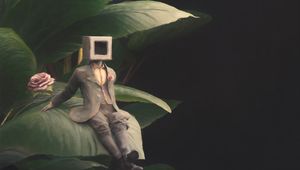 Preview wallpaper man, cube, suit, leaves, flowers, art