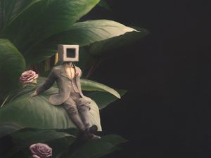 Preview wallpaper man, cube, suit, leaves, flowers, art