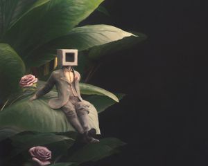 Preview wallpaper man, cube, suit, leaves, flowers, art