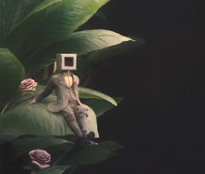 Preview wallpaper man, cube, suit, leaves, flowers, art
