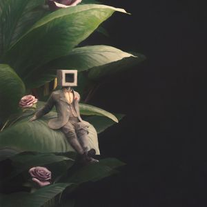 Preview wallpaper man, cube, suit, leaves, flowers, art