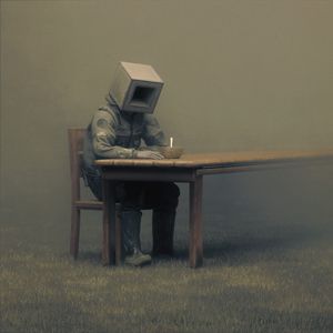 Preview wallpaper man, cube, table, fantasy, art