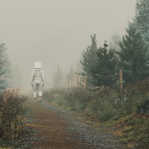 Preview wallpaper man, cube, trail, fog, art