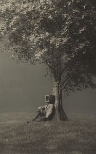 Preview wallpaper man, cube, tree, alone, surrealism