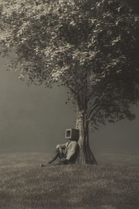 Preview wallpaper man, cube, tree, alone, surrealism