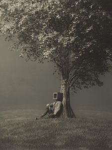 Preview wallpaper man, cube, tree, alone, surrealism