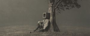 Preview wallpaper man, cube, tree, alone, surrealism