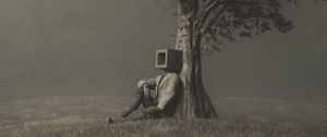 Preview wallpaper man, cube, tree, alone, surrealism