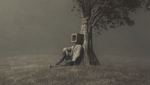 Preview wallpaper man, cube, tree, alone, surrealism