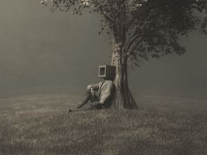 Preview wallpaper man, cube, tree, alone, surrealism