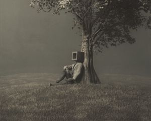 Preview wallpaper man, cube, tree, alone, surrealism