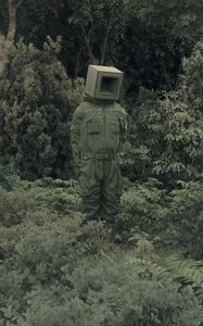 Preview wallpaper man, cube, trees, bushes, grass, art