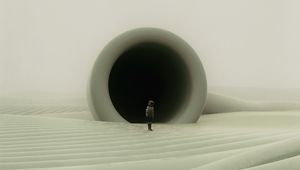 Preview wallpaper man, cube, tunnel, desert, art