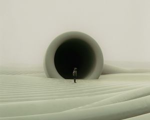 Preview wallpaper man, cube, tunnel, desert, art