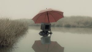 Preview wallpaper man, cube, umbrella, swamp, art