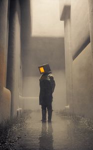 Preview wallpaper man, cube, water, buildings, art