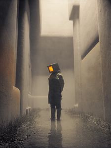 Preview wallpaper man, cube, water, buildings, art
