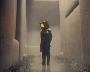 Preview wallpaper man, cube, water, buildings, art