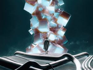 Preview wallpaper man, cubes, glow, art
