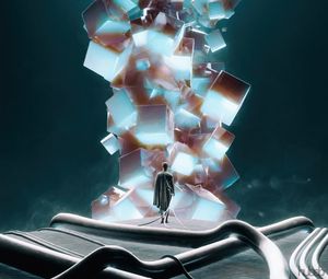 Preview wallpaper man, cubes, glow, art
