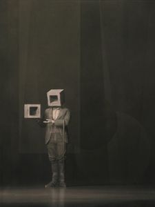 Preview wallpaper man, cubes, pose, cane, art