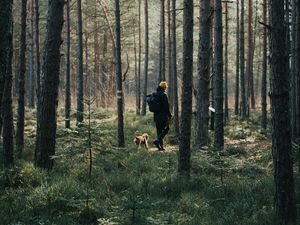 Preview wallpaper man, dog, forest, walk, trees, nature