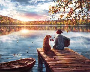 Preview wallpaper man, dog, hat, guitar, art