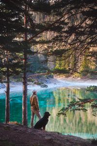 Preview wallpaper man, dog, lake, nature, walk