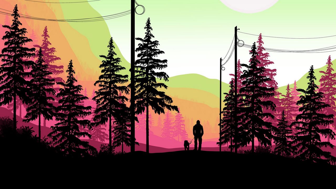 Wallpaper man, dog, trees, silhouettes, art