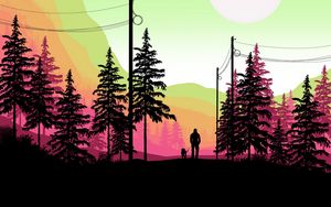 Preview wallpaper man, dog, trees, silhouettes, art
