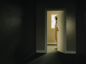 Preview wallpaper man, door, room, dark, empty