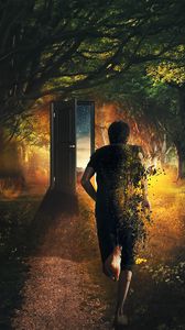 Preview wallpaper man, door, run, time, imagination, forest, art