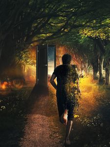 Preview wallpaper man, door, run, time, imagination, forest, art