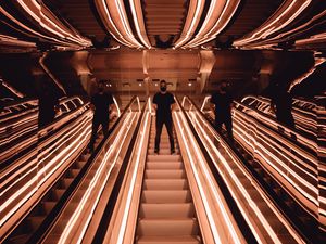 Preview wallpaper man, escalator, reflection, mirror, backlight