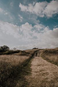 Preview wallpaper man, field, path, sky, clouds