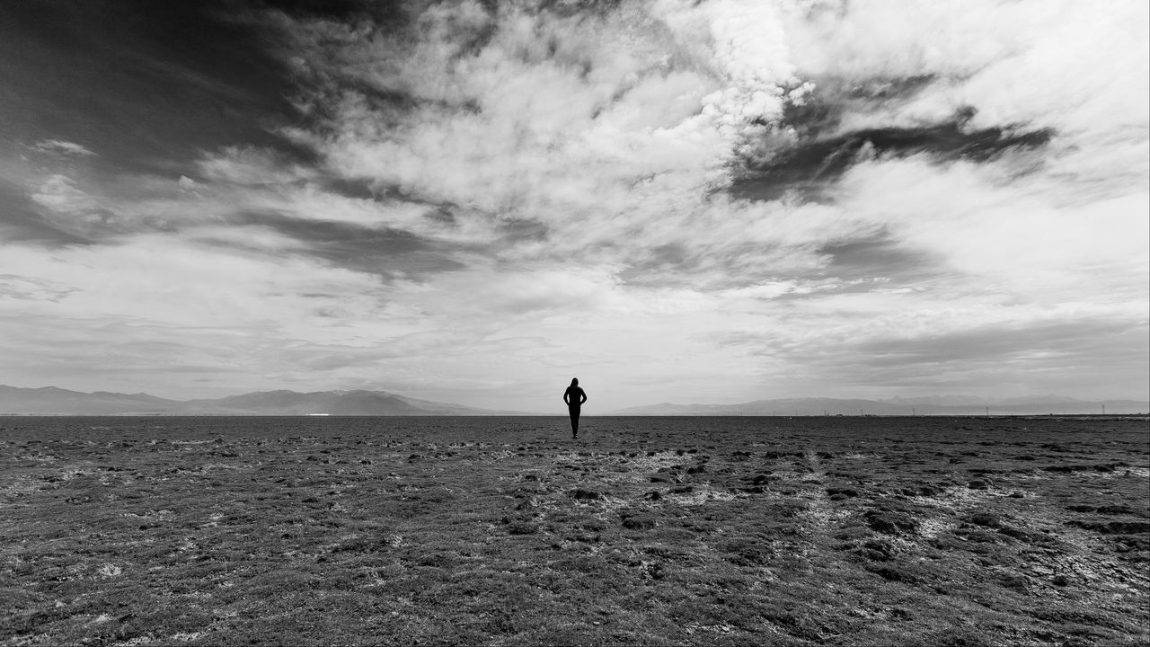 Wallpaper man, field, sky, bw