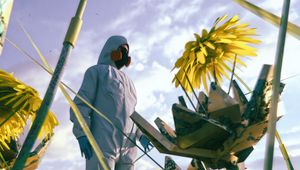 Preview wallpaper man, flowers, respirator, mask, protective suit, 3d