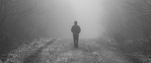Preview wallpaper man, fog, loneliness, mist, bw