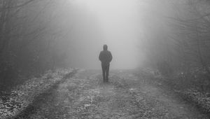 Preview wallpaper man, fog, loneliness, mist, bw