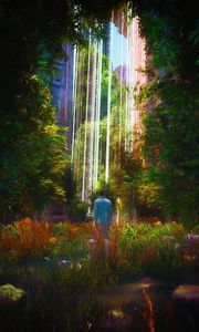 Preview wallpaper man, forest, glow, rays, art