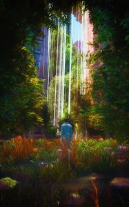 Preview wallpaper man, forest, glow, rays, art
