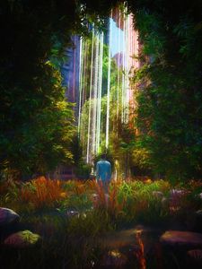 Preview wallpaper man, forest, glow, rays, art