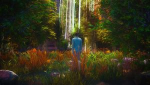 Preview wallpaper man, forest, glow, rays, art