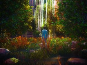 Preview wallpaper man, forest, glow, rays, art