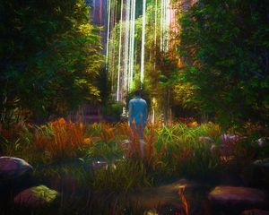 Preview wallpaper man, forest, glow, rays, art