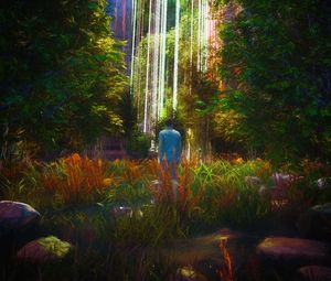 Preview wallpaper man, forest, glow, rays, art