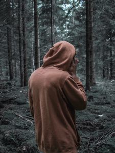 Preview wallpaper man, forest, hoodie, walk