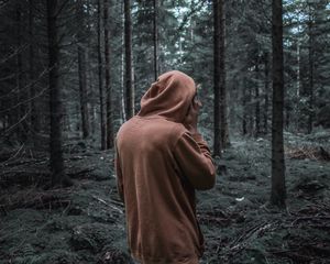 Preview wallpaper man, forest, hoodie, walk