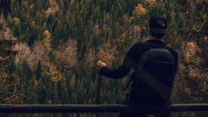 Preview wallpaper man, forest, nature, backpack, hiking