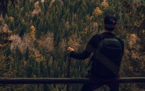 Preview wallpaper man, forest, nature, backpack, hiking